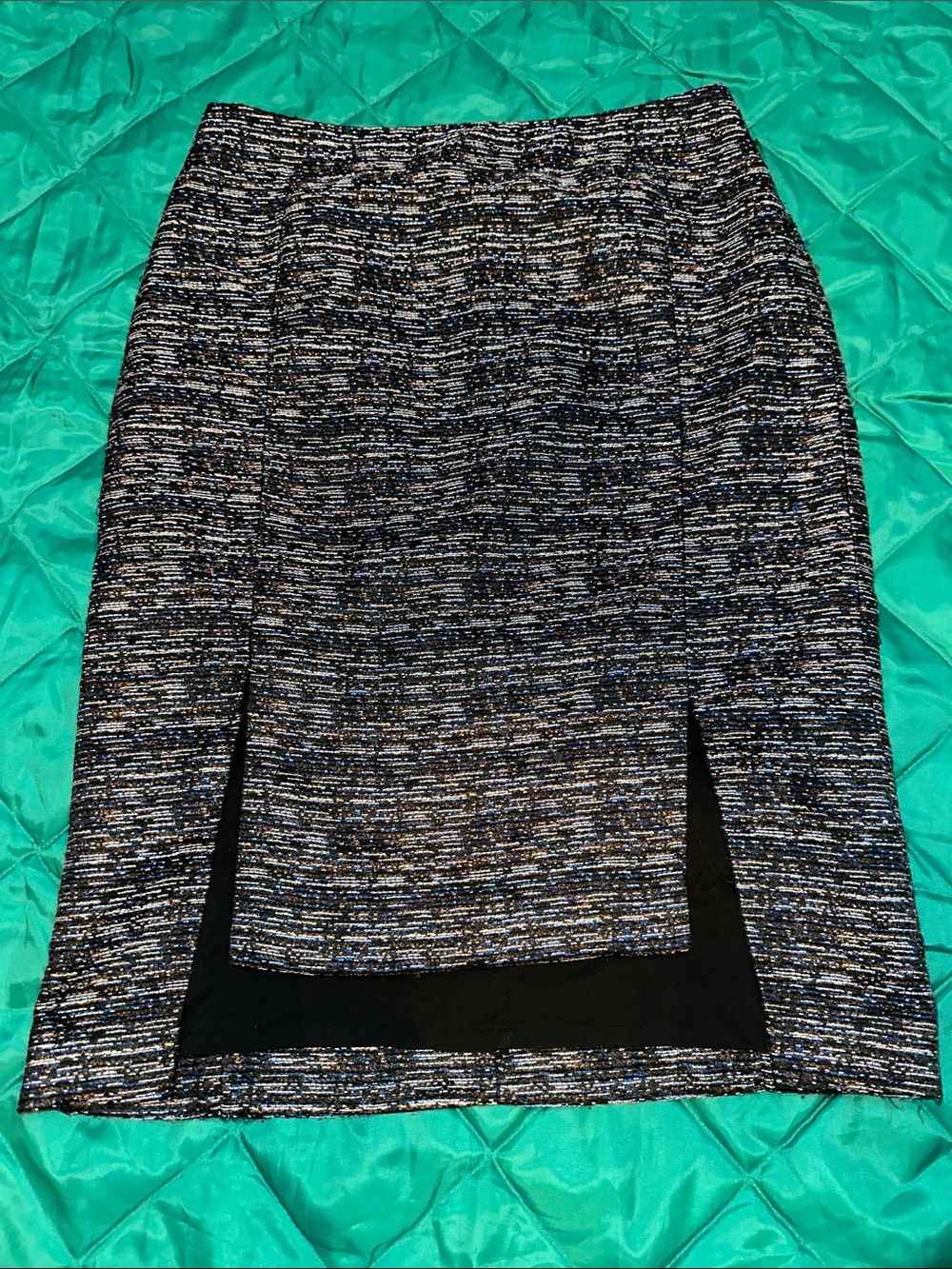 Halogen Black and Blue Textured Front-Slit Pencil Skirt